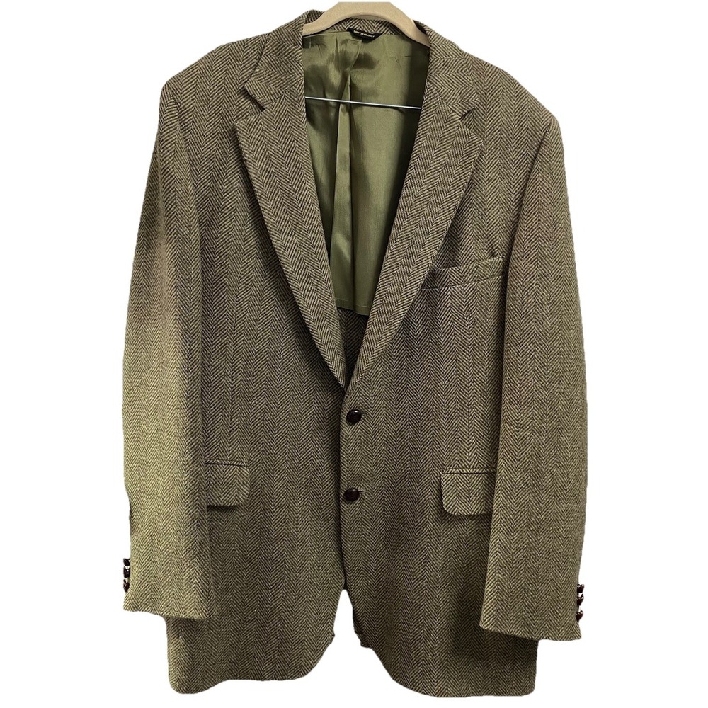 Coat Tails Men Herringbone Tweed Blazer Sport Coat Jacket Green 100% Wool Sz. 44